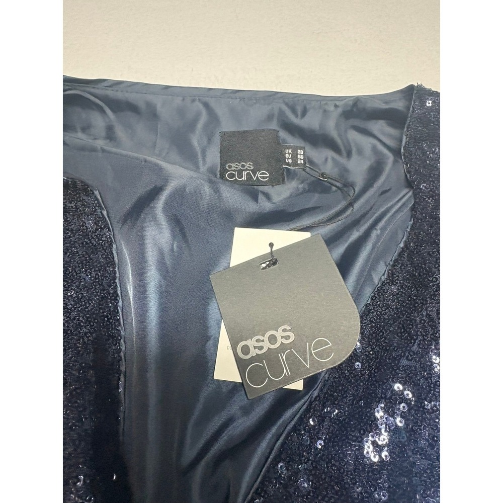 ASOS Curve Sequin Blazer 24 Navy Blue Open Front Long Sleeve Sparkly Jacket - Picture 5 of 8